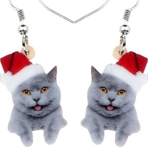 Women's jewelry festive holiday gray cat smiling in Santa hat dangle earrings